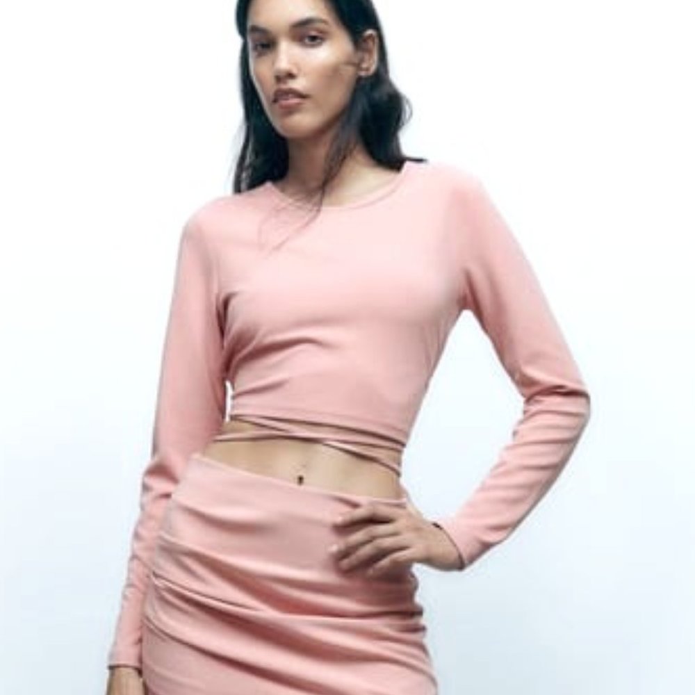 ZARA CROP TOP WITH BOW PALE PINK/ZARA LONG SLEEVE BLOUSE/ZARA OPEN BACK TOP